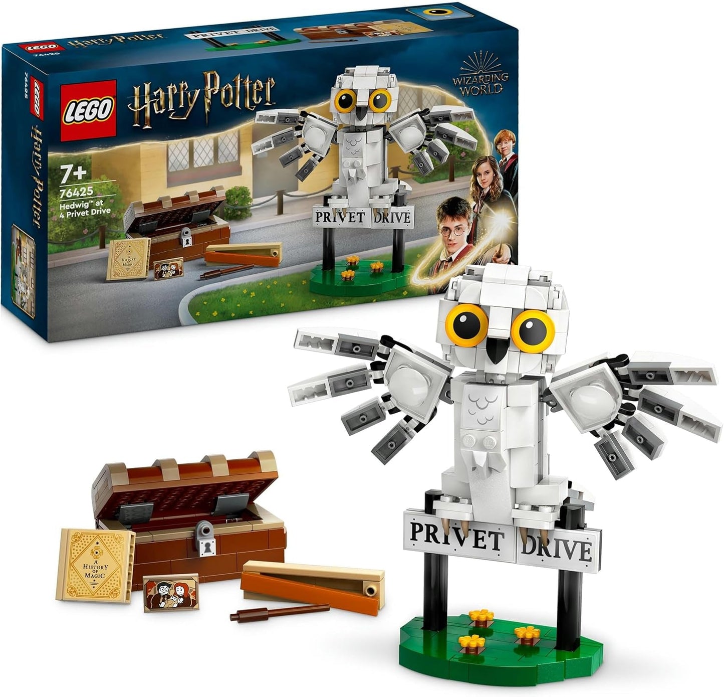 LEGO Harry Potter Hedwig i Liguster Drive 4 Toy Owl Set för barn, byggbar djurfigur med Hogwarts resväska, liten present till pojkar, flickor och alla fans 7 år gamla 76425 Byggset Besuche den LEGO-Store Single