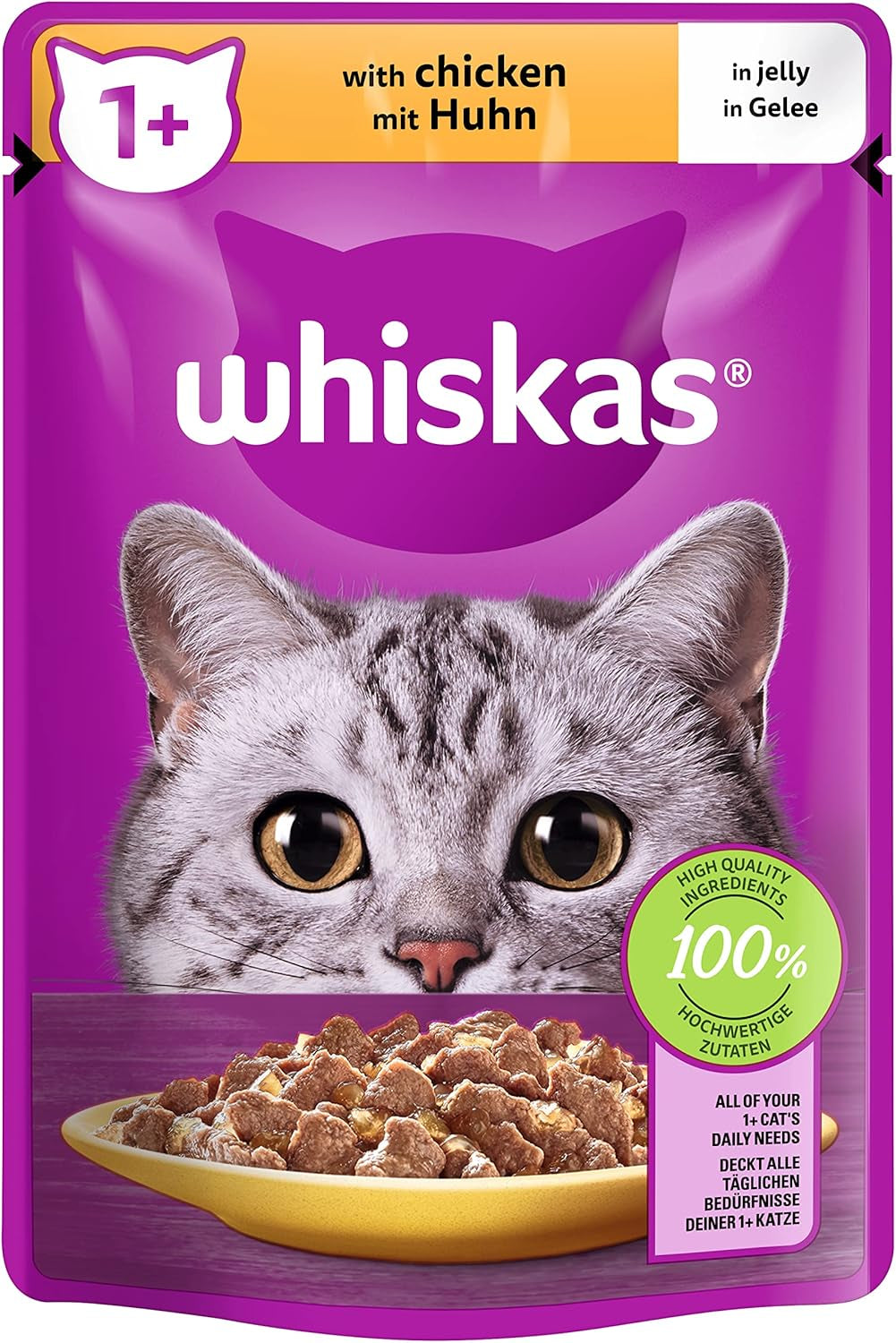 Whiskas 1+ våtfoder för katter med kyckling i gelé, 28x85g (1 förpackning) - Högkvalitativt våtfoder för vuxna katter i 28 portionspåsar
