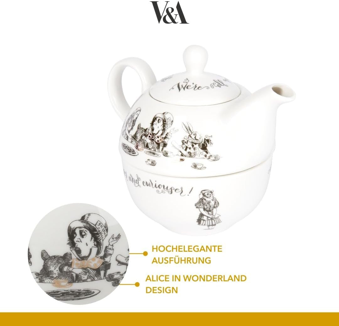 Alice in Wonderland tekanna och kopparset för 1 person i presentförpackning, fin porslin teservs, vit, 250ml