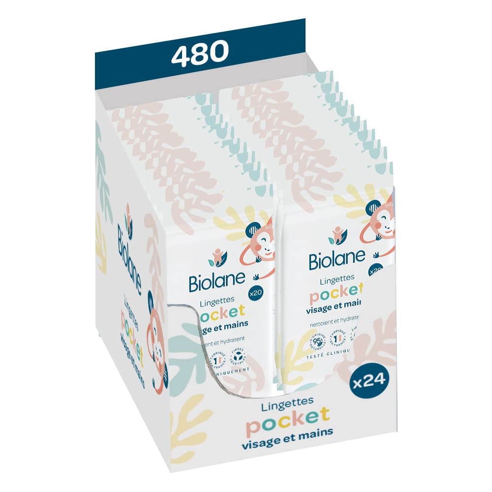 BIOLANE - Babyvåtservetter för ansikte och händer - Paket med 6 - 384 våtservetter (6 x 64 cm) - Rengör och skyddar - Toalettartiklar - Allergivänligt - För känslig hud - 97 % naturliga ingredienser - Tillverkad
