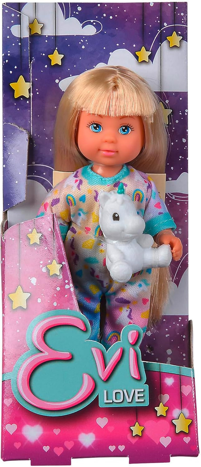 Simba Evi Love Pyjamas, 3 olika färger, endast ett föremål skickat, docka i söt pyjamas med enhörningsplysch, lekdocka 12 cm, ålder 3+
