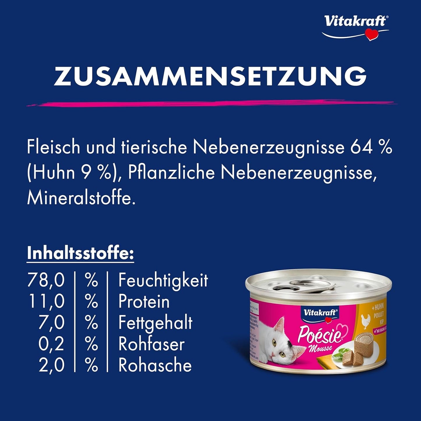Vitakraft Poésie Mousse, våt kattmat, luftigt skum, med kyckling, utan tillsatt socker eller spannmål (12 x 85g)