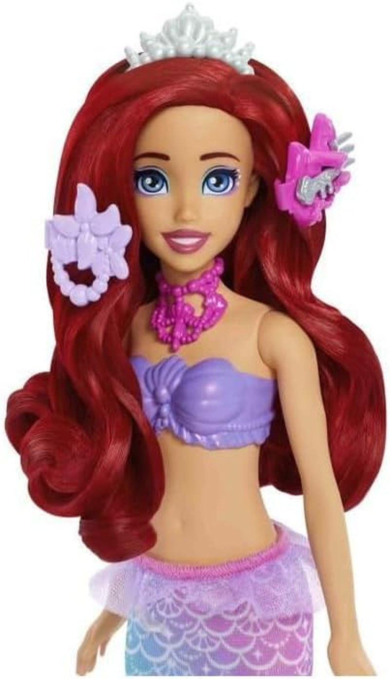 Mattel Disney Princess Toys, Make-up Shell Mermaid Arielle Fashion Doll med avtagbar svans, Makeup bord med 5 repeterbara popup-överraskningar och 5 tillbehör, JBF86 Naty Shop Dolls