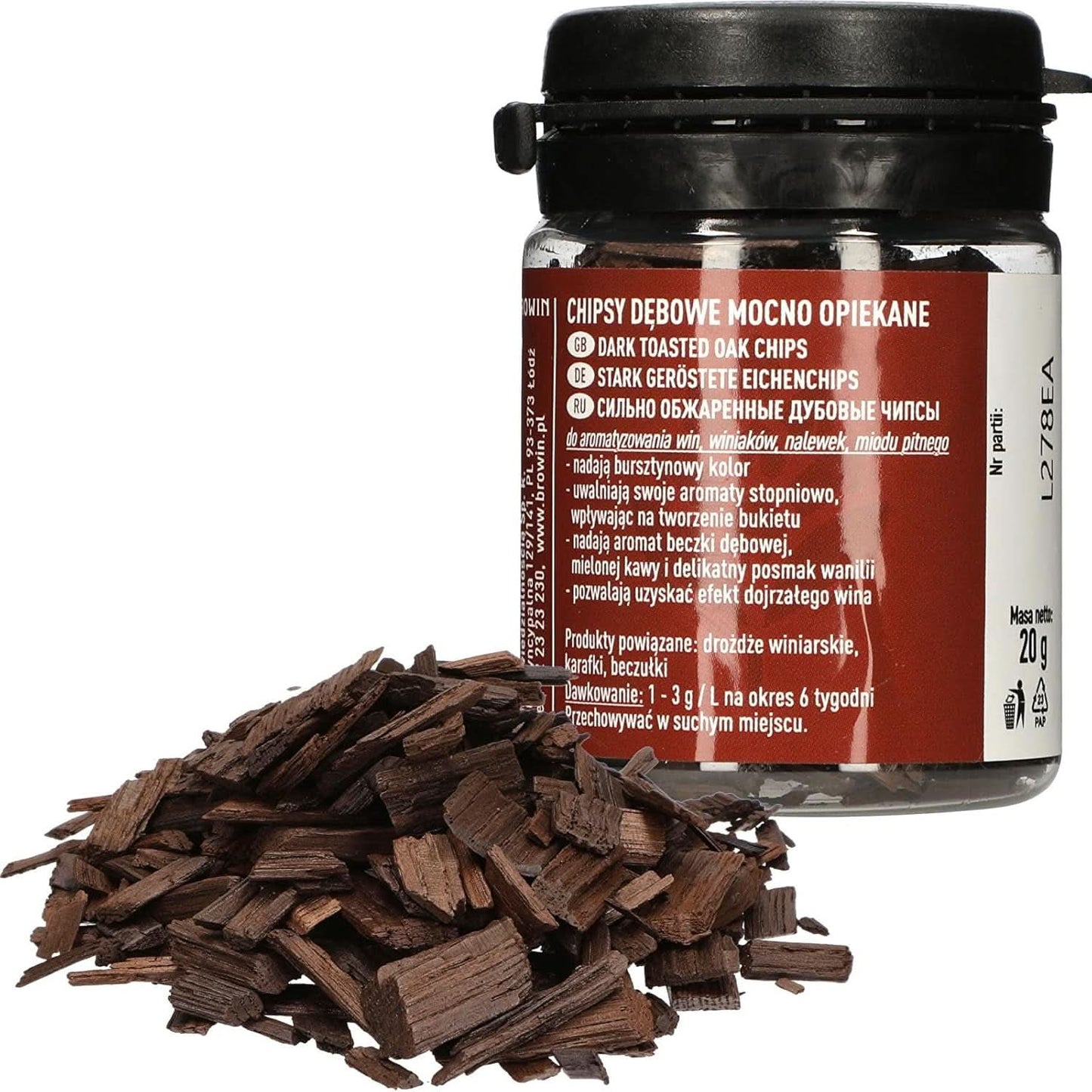 Browin Strong Roasted Oak Chips 20g - flingor, fina ekpinnar för att smaksätta alkohol, brun Aromas Naty Shop