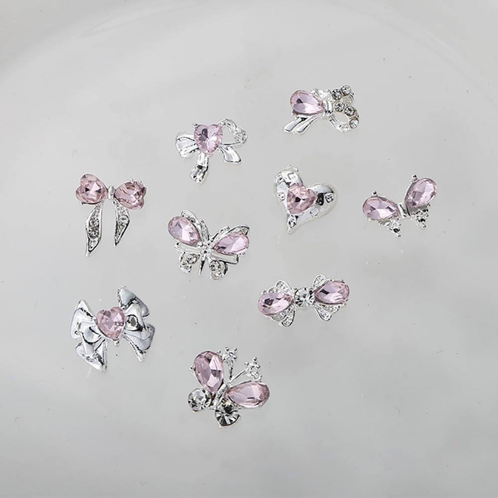 Luxus Rosa Diamant Nagel Charms 3D Butterfly Nail Art Charms Bow Nail Charms Y2K Heart Charms Nägel Zubehör Schmetterling Herz Schleife Nageldesign Edelsteine ​​​​Strasssteine ​​Glitzersteine ​​Nagelschmuck
