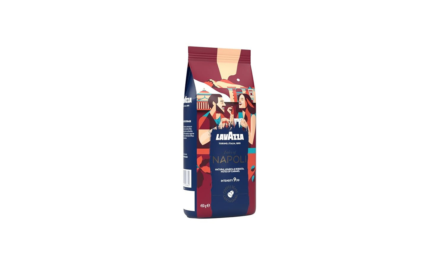 Lavazza, Tales of Napoli, kaffebönor, idealiska för espressomaskiner, med aromatiska toner av kakao och karamell, Arabica och Robusta, intensitet 9/10, intensiv rost, 450 g