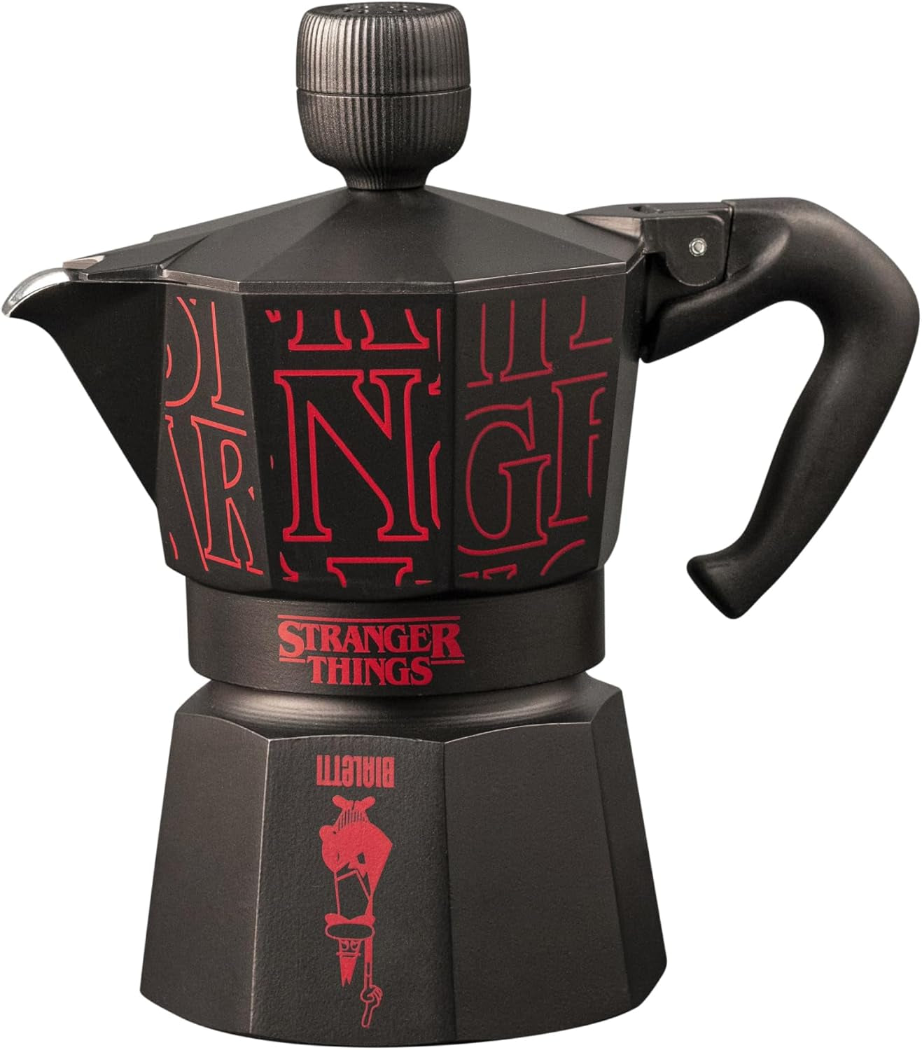 Bialetti Moka Express Stranger Things 3-kopps kaffebryggare, Musikknapp med USB-C-laddningsfunktion, Ej lämplig för induktionshällar, 3 koppar (130 ml), Svart