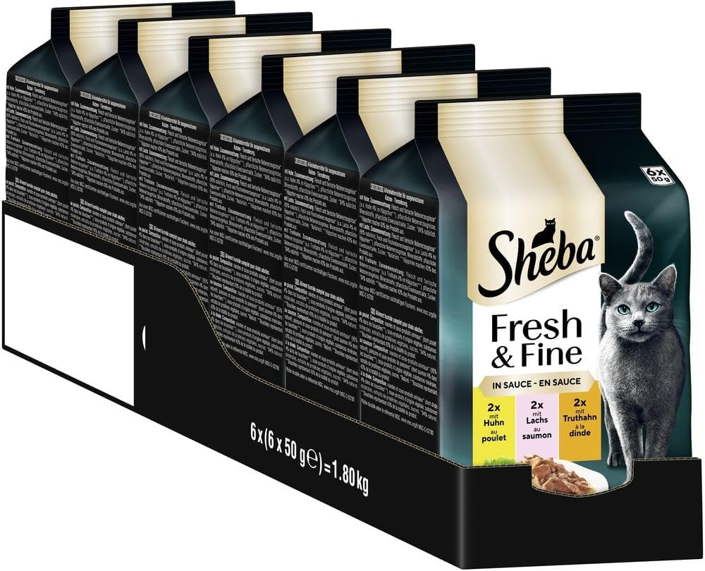 Sheba Portion Pouches Våtfoder för katter, multipack Fresh & Fine i sås med MSC kyckling och lax, 6x6x50g - Fina måltider för katter i sås