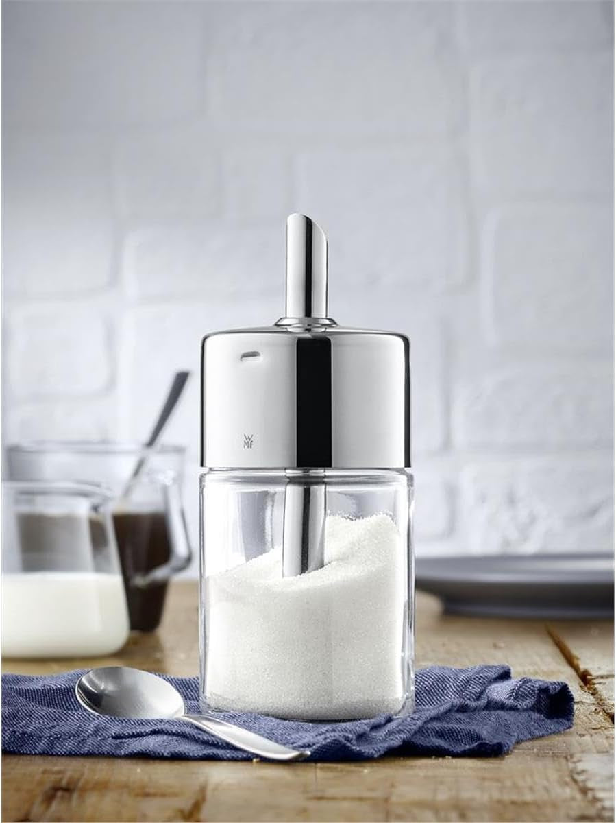 WMF Barista Sugar Shaker 240 g, glas, sockerdispenser, Cromargan polerat rostfritt stål, idealisk för vitt/brunt socker, kakao eller som kryddshaker