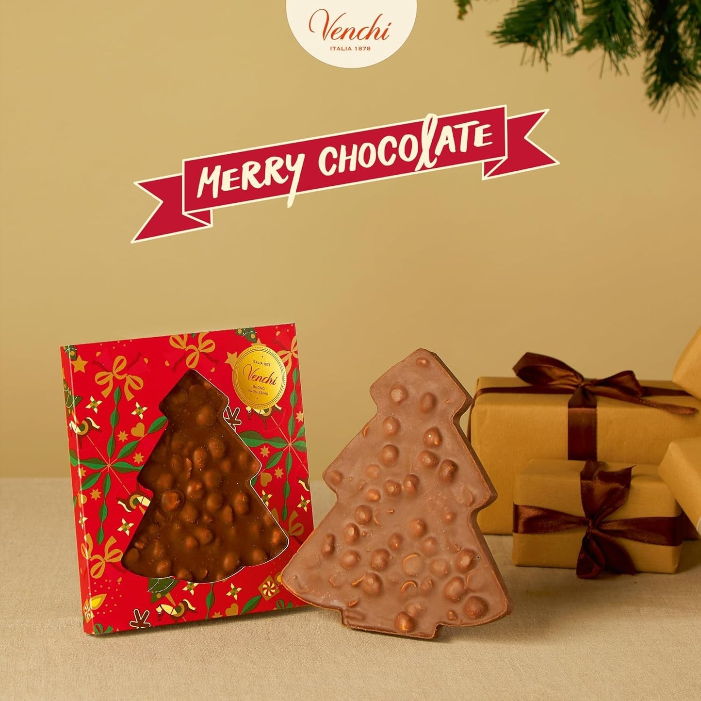 Venchi, Brutto&Buono, Handgjord "Piedmont Forest Hazelnut" Gran Tree Shaped Milk Chocolate Bar, 200 g, Glutenfri, Limited Edition Christmas Collection, Present Idé