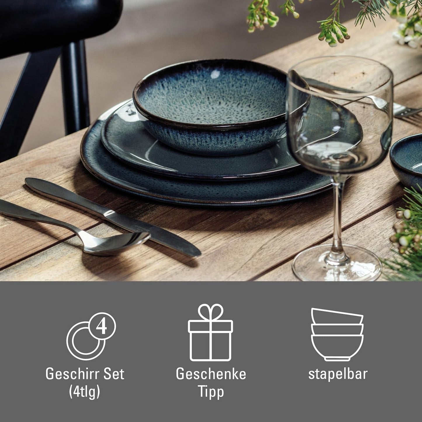 som. de Villeroy & Boch - Lave Gris servisset i stengods, 4 delar, keramiskt utseende, bordsservering för 2, grå
