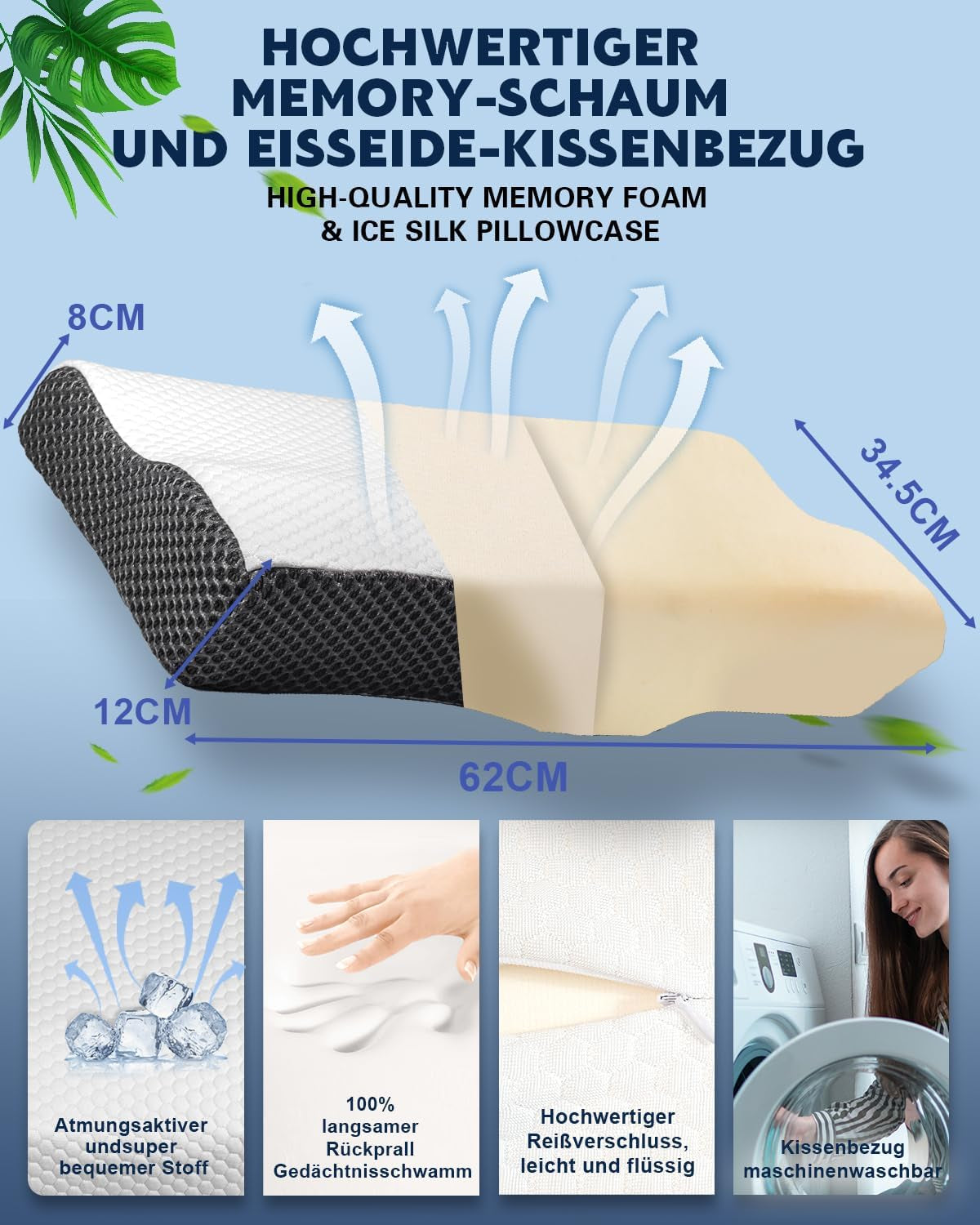 IDEA Kudde, Ergonomisk ortopedisk kudde för nacksmärta, Memory Foam Kudde för sido-, rygg- och bukslipare, Anti-snarkningskudde för män kvinnor (62 * 34,5 * 12/8 cm) Cervikala ortopediska kuddar Naty Shop