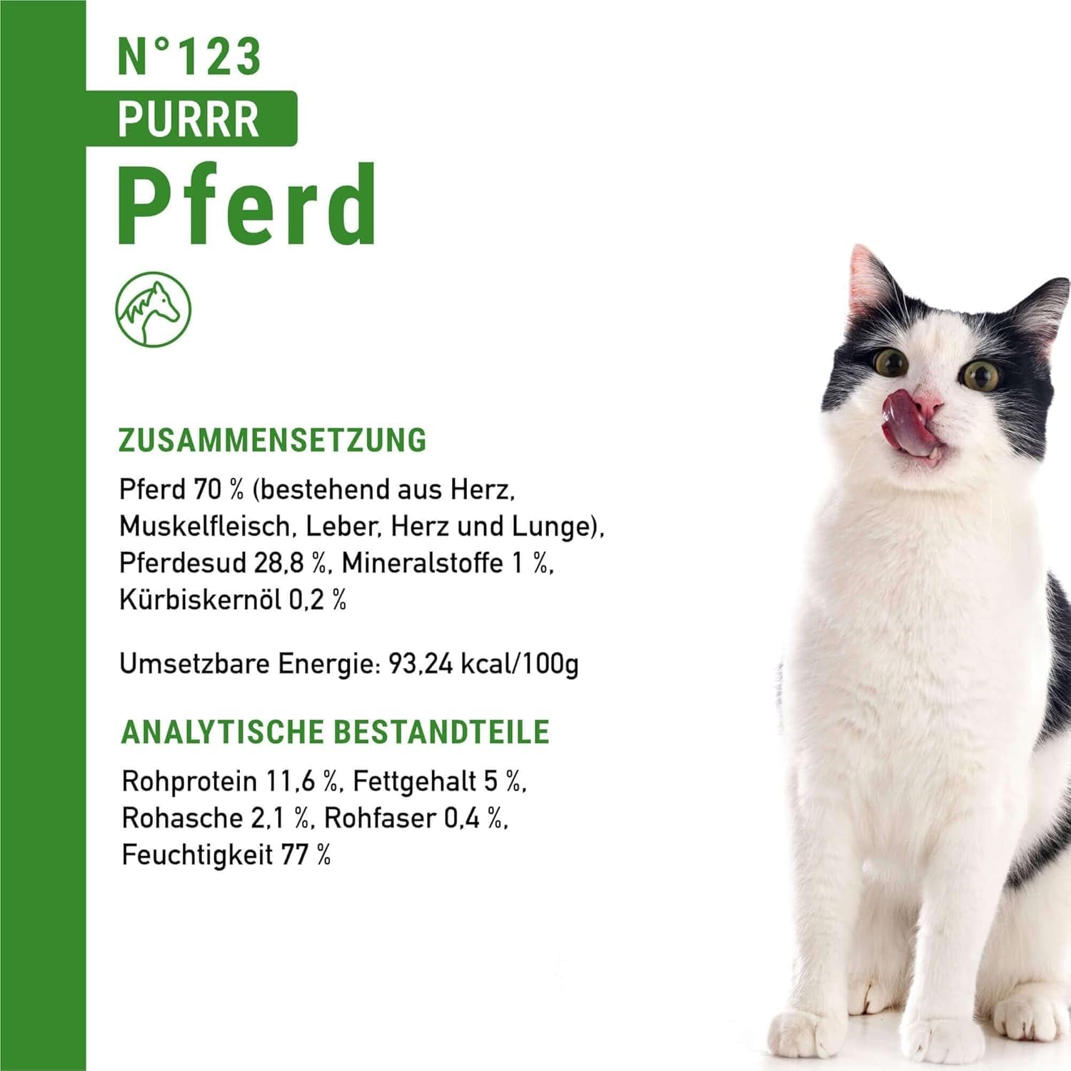 Våtfoder för katter Catz Finefood Purrrr Häst Monoprotein nr. 123, för katter med känslig matsmältning, 70% kötthalt, 6 lådor x 400 g