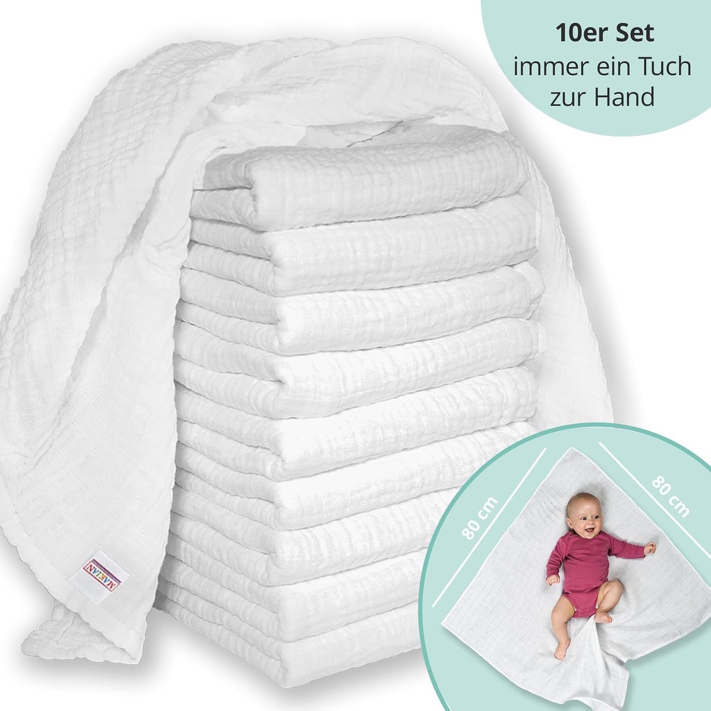 MAKIAN Muslin Squares, paket med 10, 80x80 cm, Oeko-TEX® Standard 100 Certified, 10 Premium Burp-dukar - Dubbelvävda tygrutor / Muslin Squares, Kokbeständig - Vit