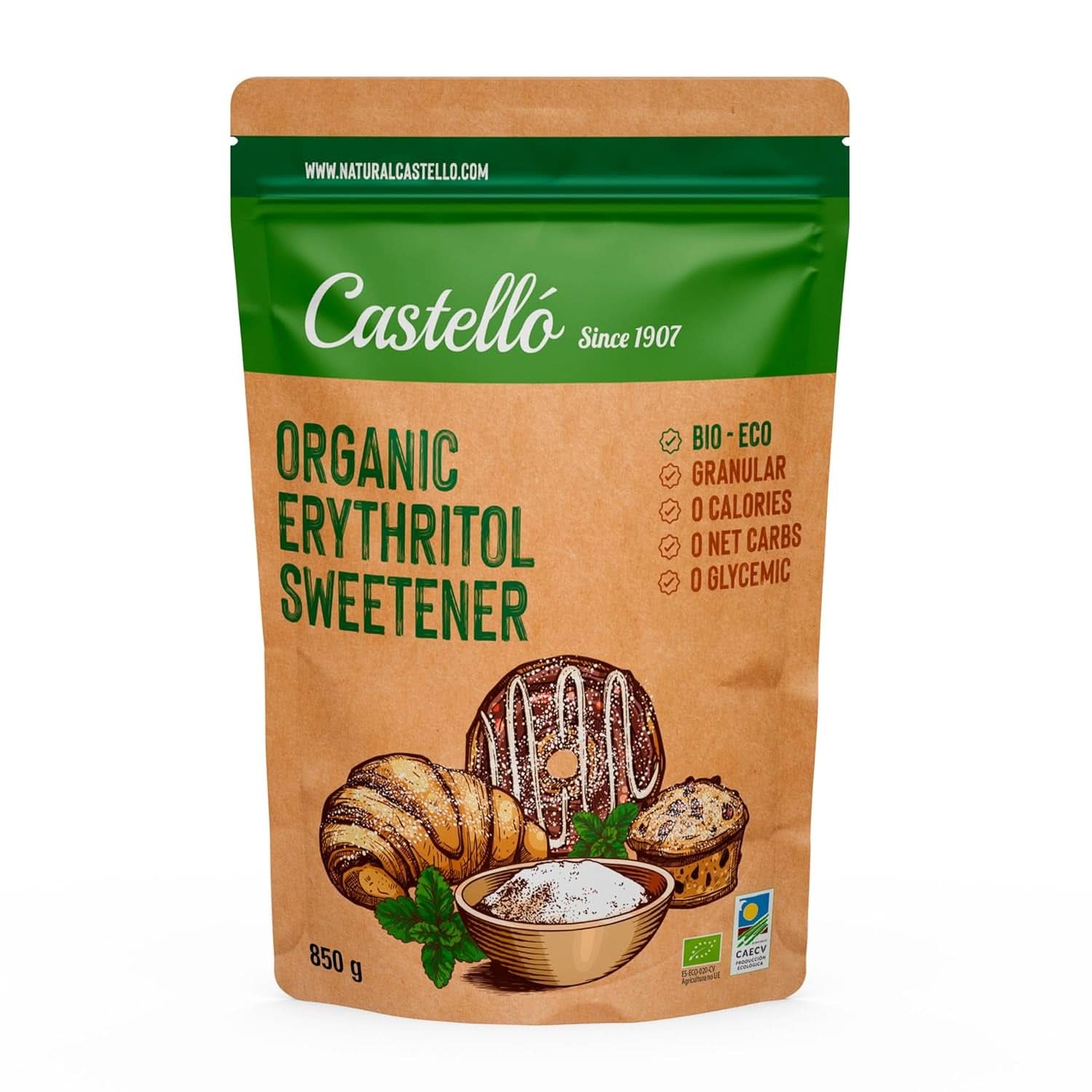 Naturligt organiskt erytritol, 10G = 7G socker, 1 kg sötningsmedel Naty Shop 850 gram