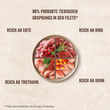 Shelma Wet cat food Megapack med nötkött, kalkon, kyckling och anka - Komplett spannmålsfritt foder med hög kötthalt - 40 x 85 g (3,4 kg)