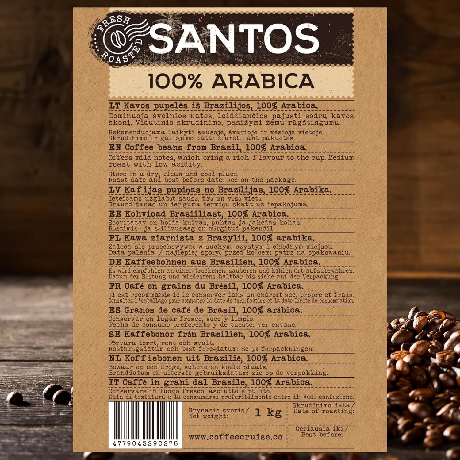 COFFEE CRUISE Santos Kaffeebohnen 1kg - Mittlere Röstung - Aroma Caramel - Für All Kaffeemaschinen - 100% arabiska