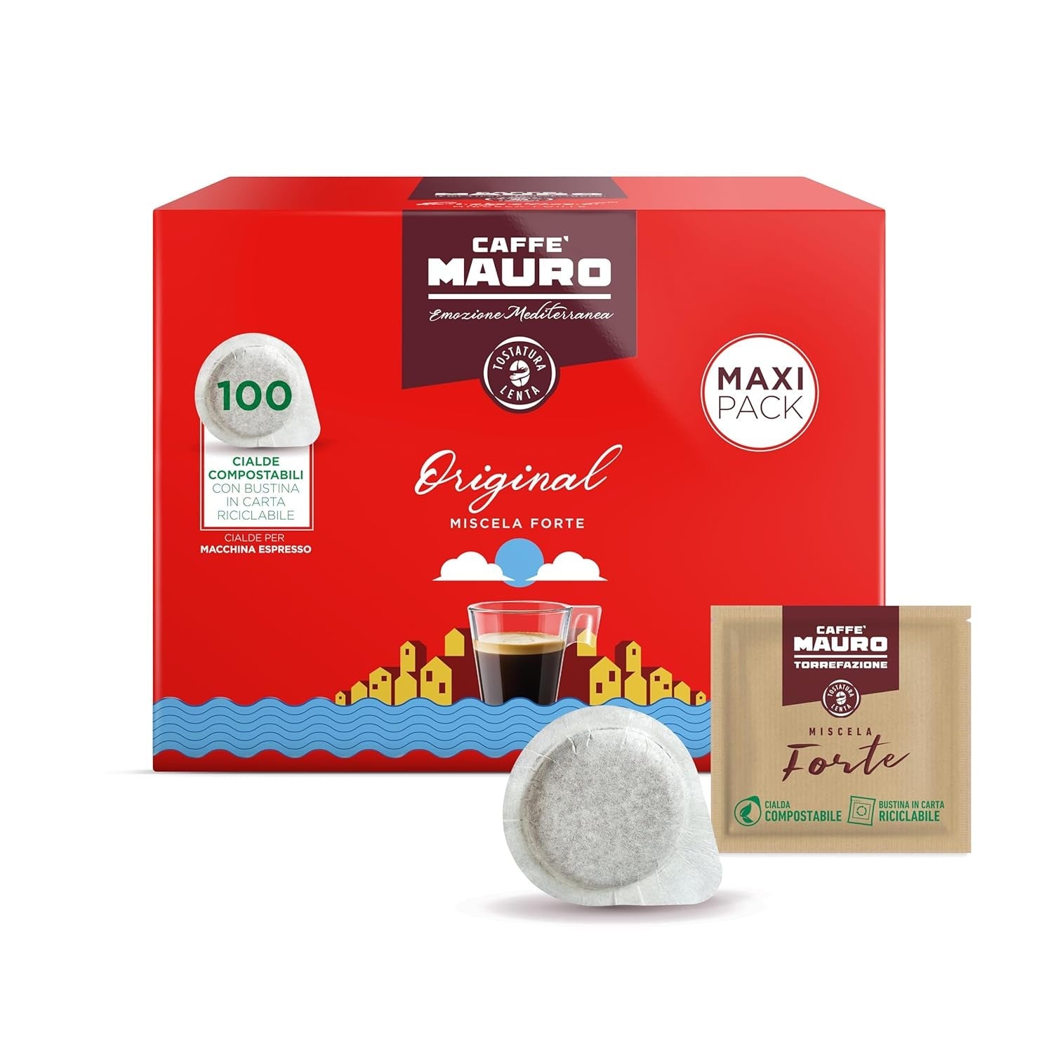 Caffè Mauro Torrefazione Kaffee Komposterbara Pods, Recyclebar Verpackung, Original Mischung - 100 stück - Intensität 10/10 - Kompatibel med ESE System Papier Pads 44 mm