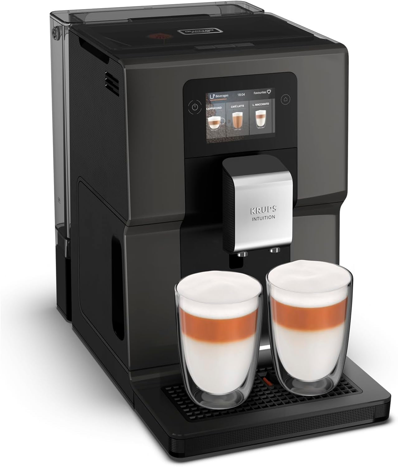 Krups Intuition Preference helautomatisk espressomaskin med smartphone-liknande funktion, 3,5" färgpekskärm, Smart Slide-teknik, intuitivt belysningssystem, 11 drycker, mjölkbehållare, EA873810