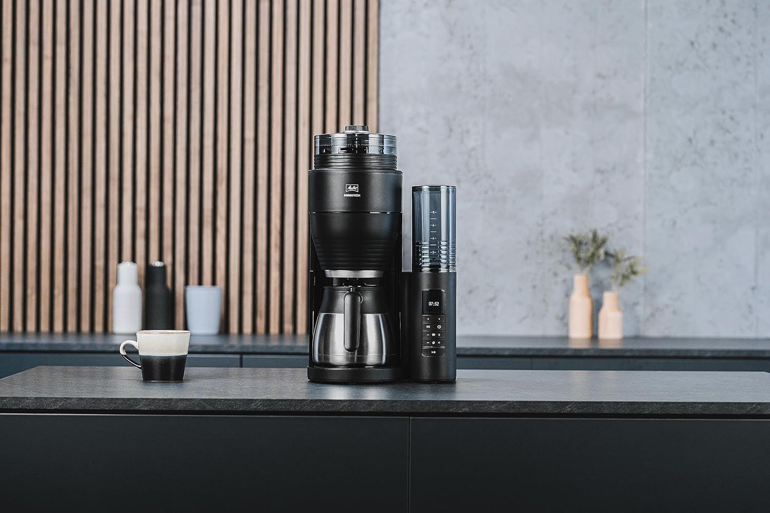 Melitta AromaFresh Therm Pro X - Espressomaskin med filter, integrerad kvarn, avtagbar vattentank, rostfri termokanna och timerfunktion, för upp till 8 koppar kaffe, svart/silver