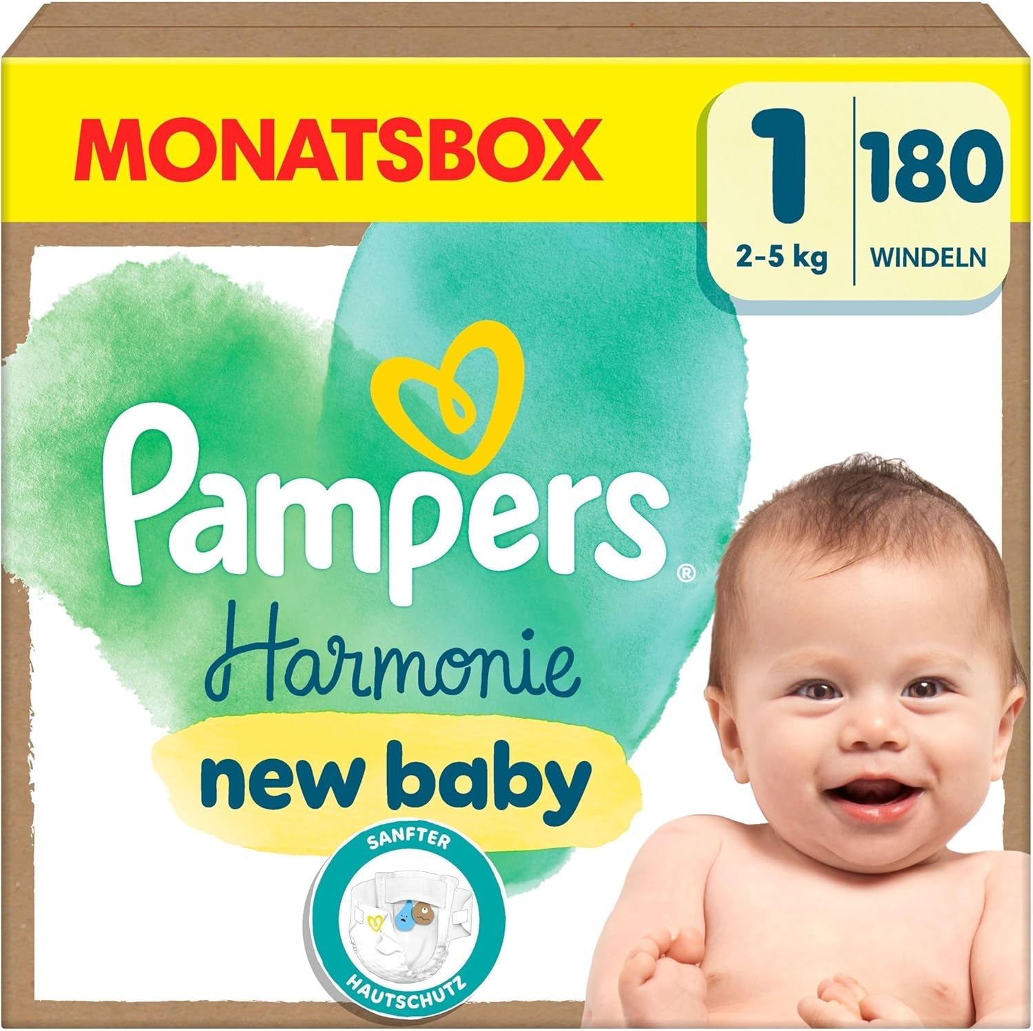 Pampers Harmony blöjor storlek 1, 180 blöjor, 2kg-5kg, skonsamt hudskydd med 100% Pampers skydd