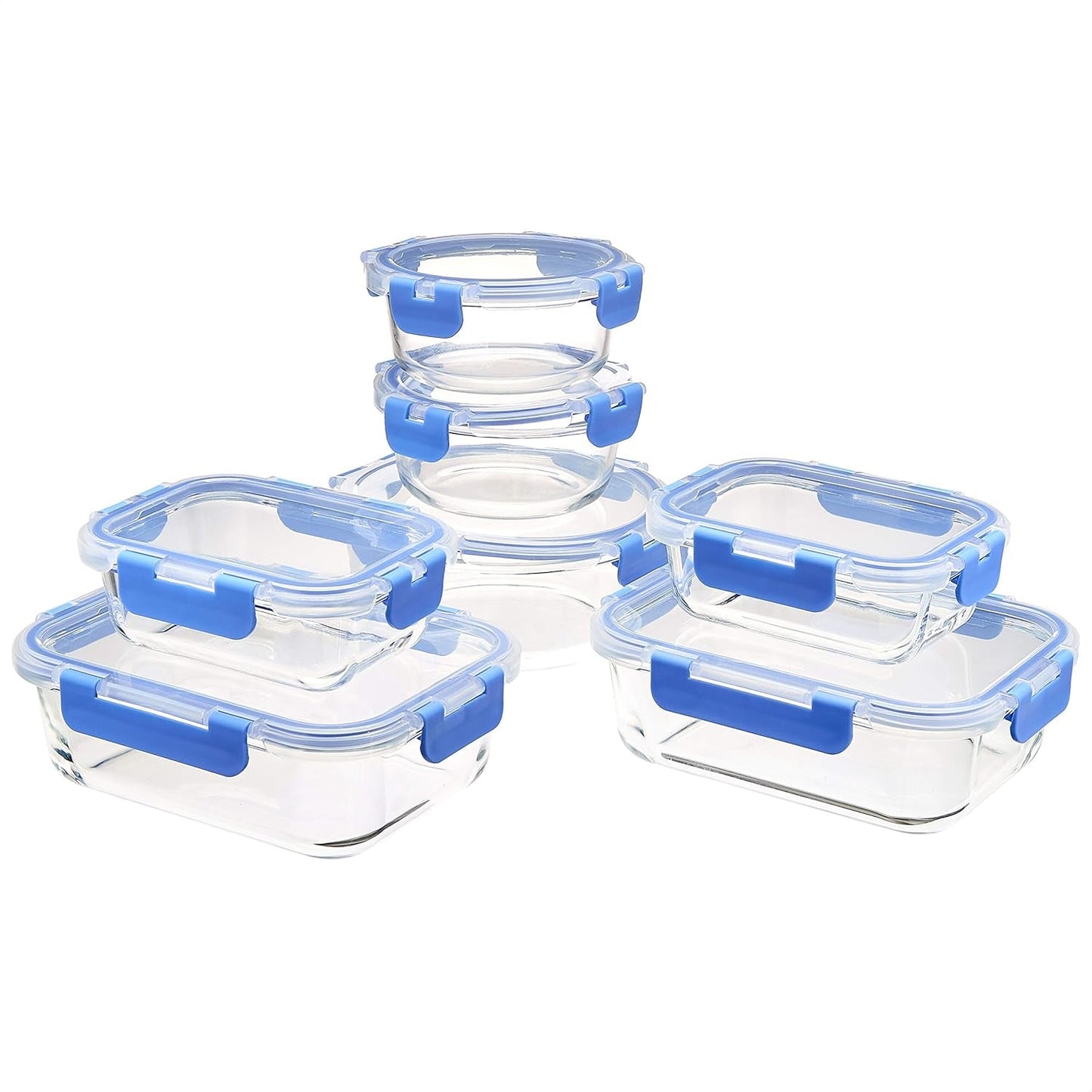 Amazon Basics Matbehållare med lufttäta glaslock 14-delat set BPA-fritt 7 behållare och 7 lock genomskinligt med blå silikontejp Naty Shop Matförvaringslådor 14-delat set
