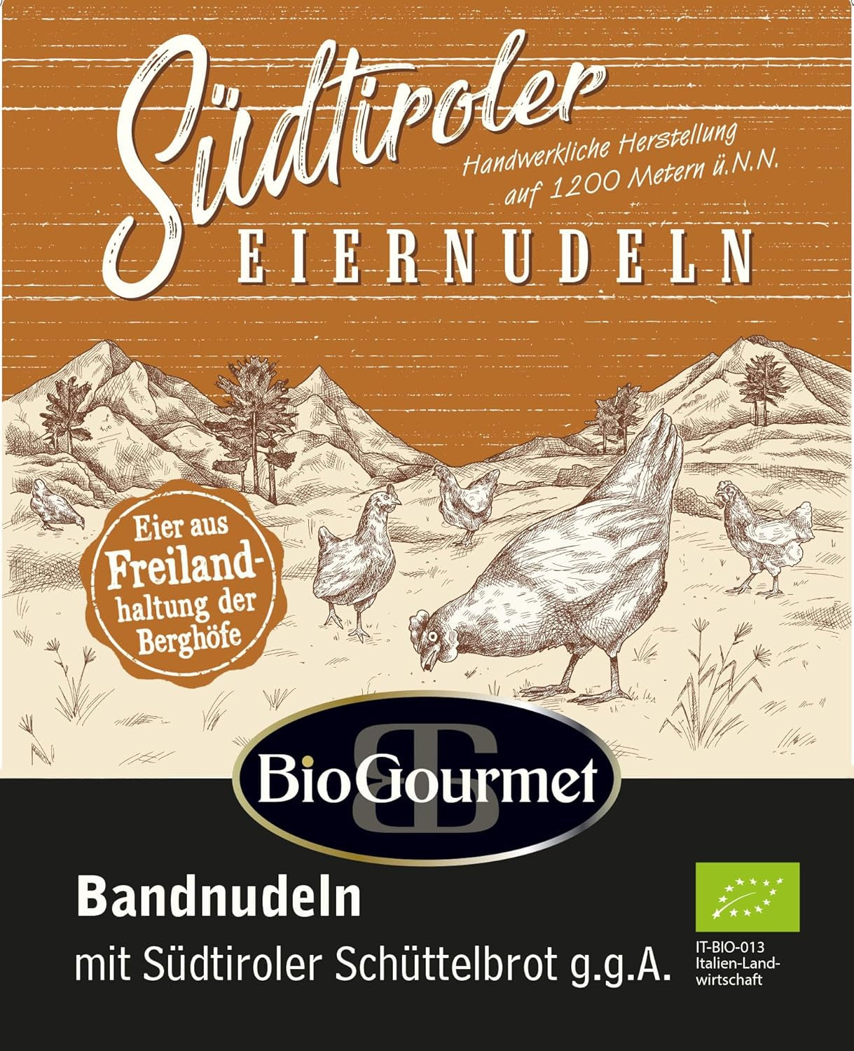BioGourmet bandnudlar med Schüttelbrot från Sydtyrolen (SGB) | Salta och smaksatta äggnudlar med äkta prick från Sydtyrolen | 1 x 250g Bio
