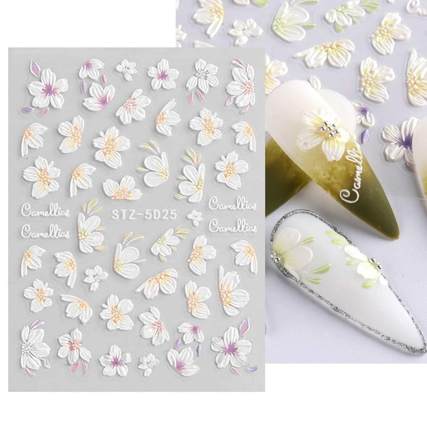 JMEOWIO 3D Nagelsticker Frühling Blume Nail Art Sticker Selbstklebend Nagelaufkleber 5D Stereoskopisk Blumen Dekoration Nageldesign Zubehör 4 Blatt