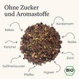 BIO Schoko Chai kryddat te utan socker, med kakaoskidor, kanel, lakrits och andra aromatiska Chai-kryddor, 100 g