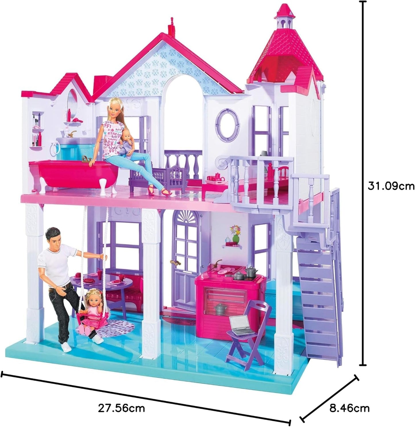 Simba 104661996 - Steffi Love Dreamhouse, stor lekstuga, 4 rum, INGEN DOCKOR, 84 cm hög, två våningar, funktionell klocka, hopfällbara dockskåp för Naty Shop
