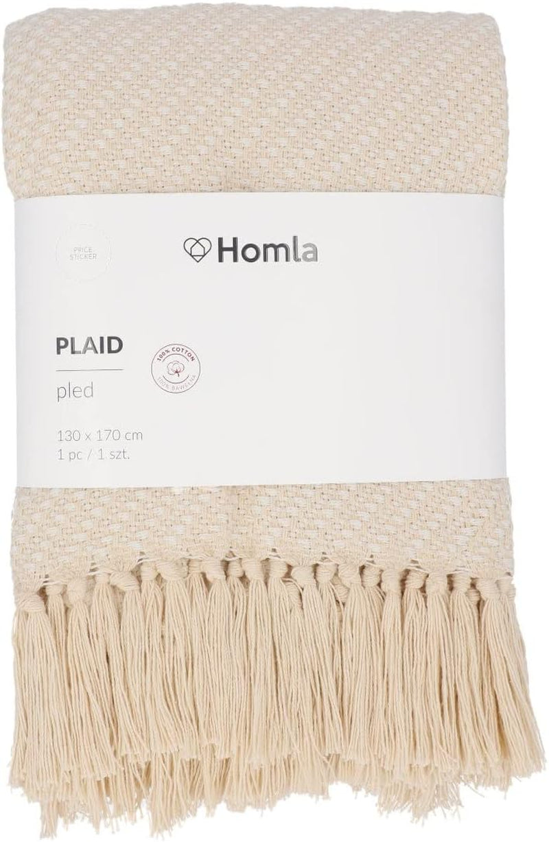 HOMLA Morris Rutig bomullsfilt med fransar - Mjuk och bekväm filt Bomullsfilt - fint tyg 130 X 170 Cm Ecru sängar och filtar Besuche den HOMLA-Store