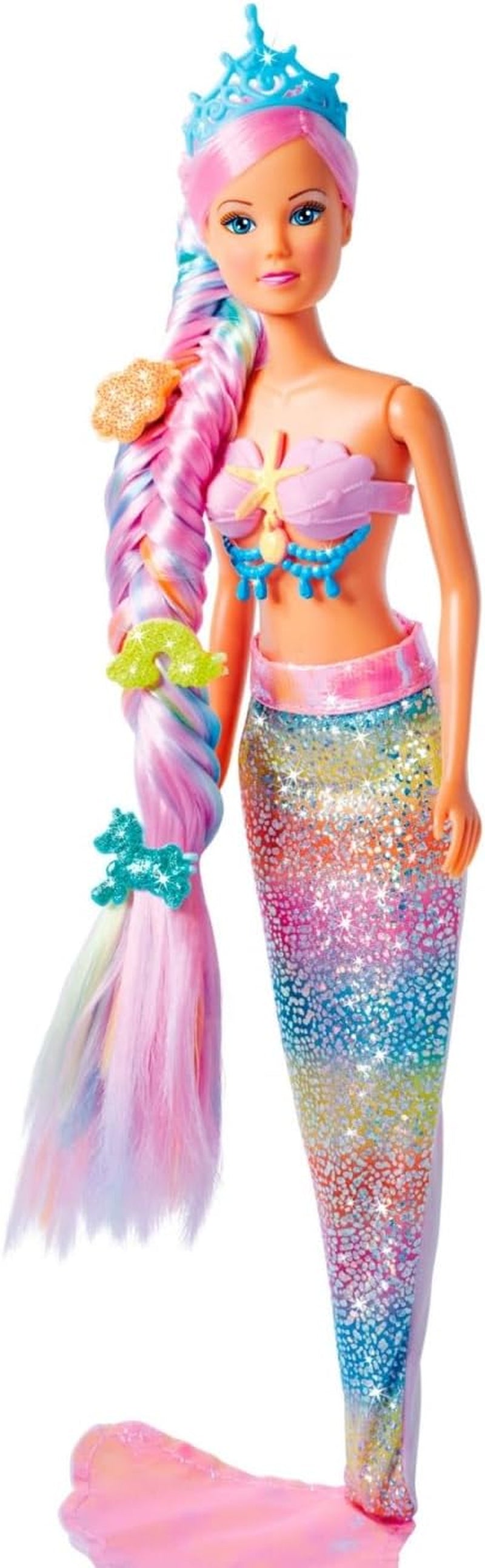 Simba 105733610 - Steffi Love Rainbow Mermaid, regnbågssjöjungfru modedocka med färgglatt hår, hårspännen, kam och avtagbar fena, lekdocka 29 cm, från 3 år