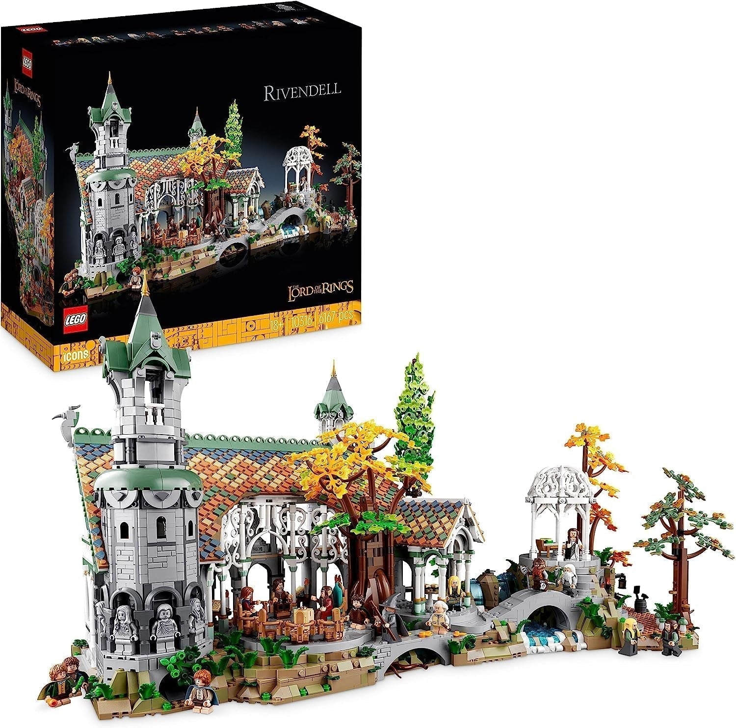 LEGO Icons The Lord of the Rings: Rivendell - Vuxensamling och displayset med 15 unika minifigurer inklusive Gandalf, Legolas, Aragorn och Frodo exklusivt på Amazon - 10316 byggset Besuche den LEGO-Store Single