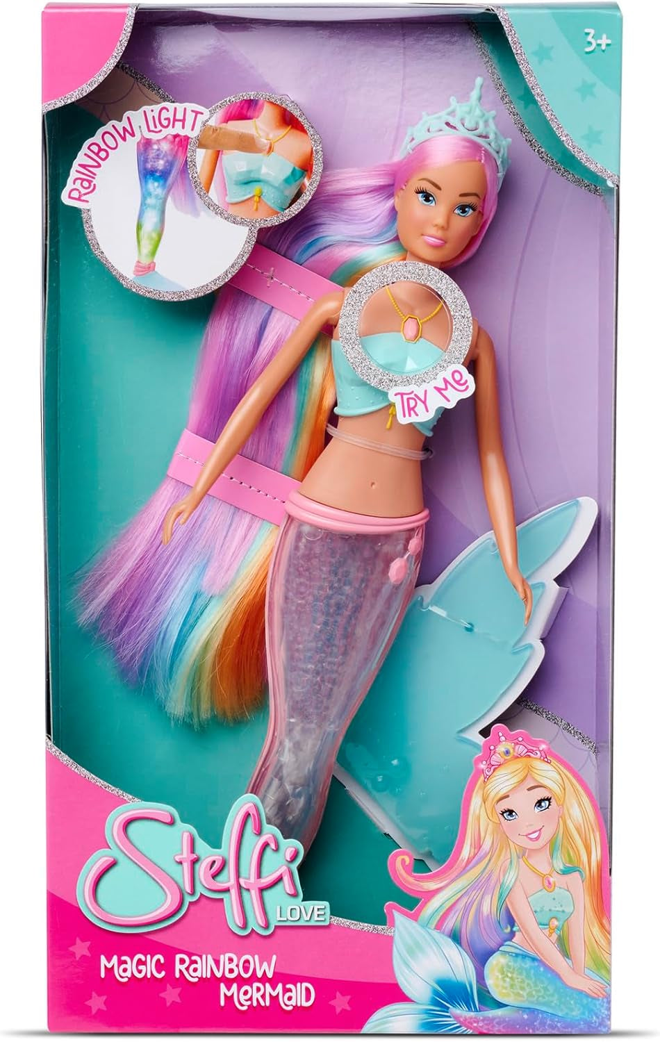 Steffi Love Magic Rainbow Mermaid, sjöjungfrudocka med Magic Rainbow Light-funktion och extra långt hår, 39 cm, åldrar 3+