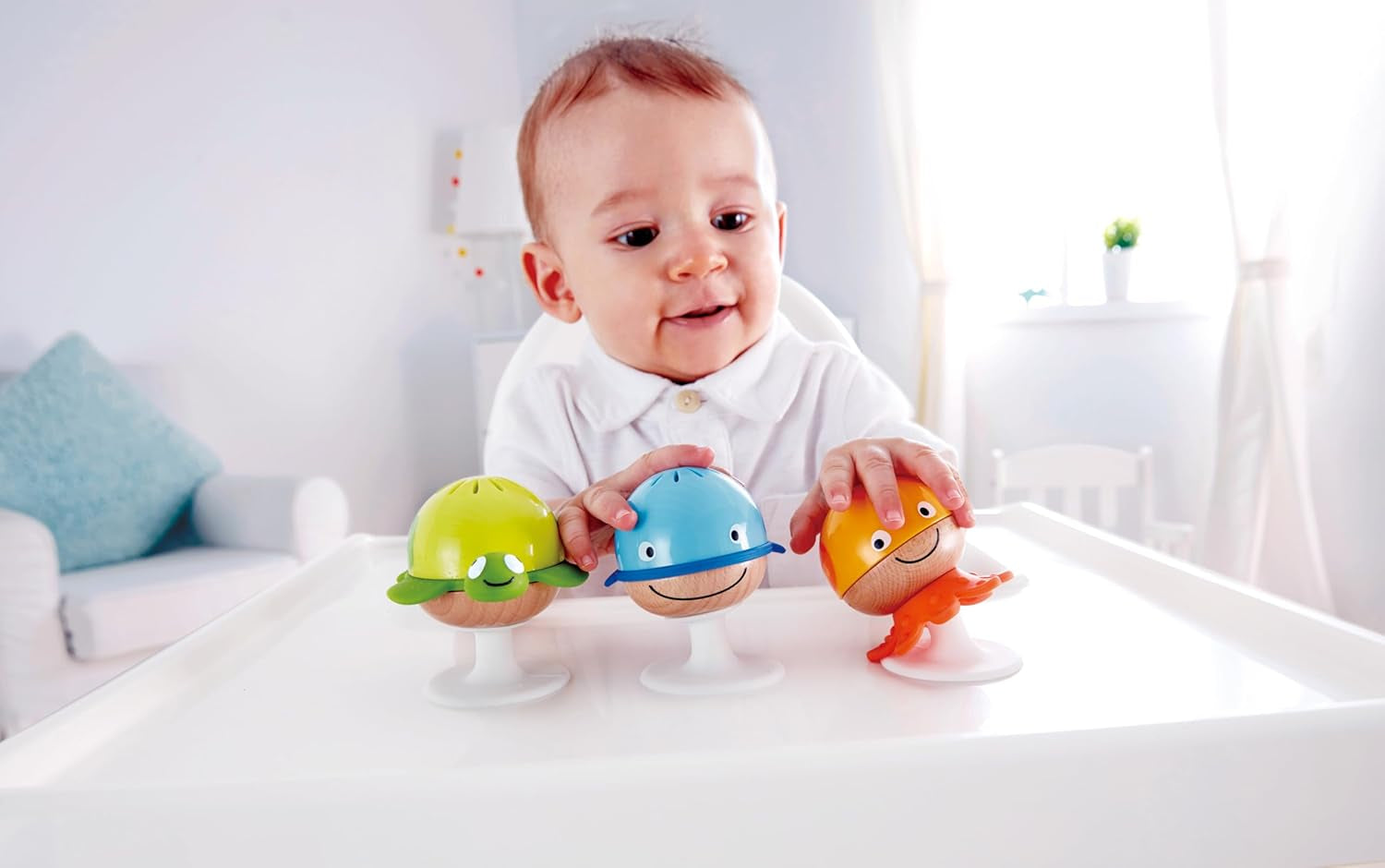 Skallerset med sugkopp Hape | Tre djur med tandringelement, sköldpadda, bläckfisk och val | Lärleksak från 0 månader Bebe Toys Naty Shop