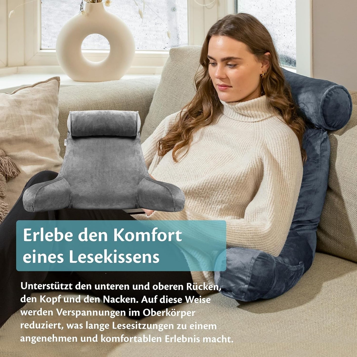 Ella Läskudde för säng och soffa med avtagbar nackrulle - Ryggkudde för säng - Läskudde med minnesskum med armstöd, idealisk för läsning, titta på TV, koppla av eller som ryggstöd - Grå
