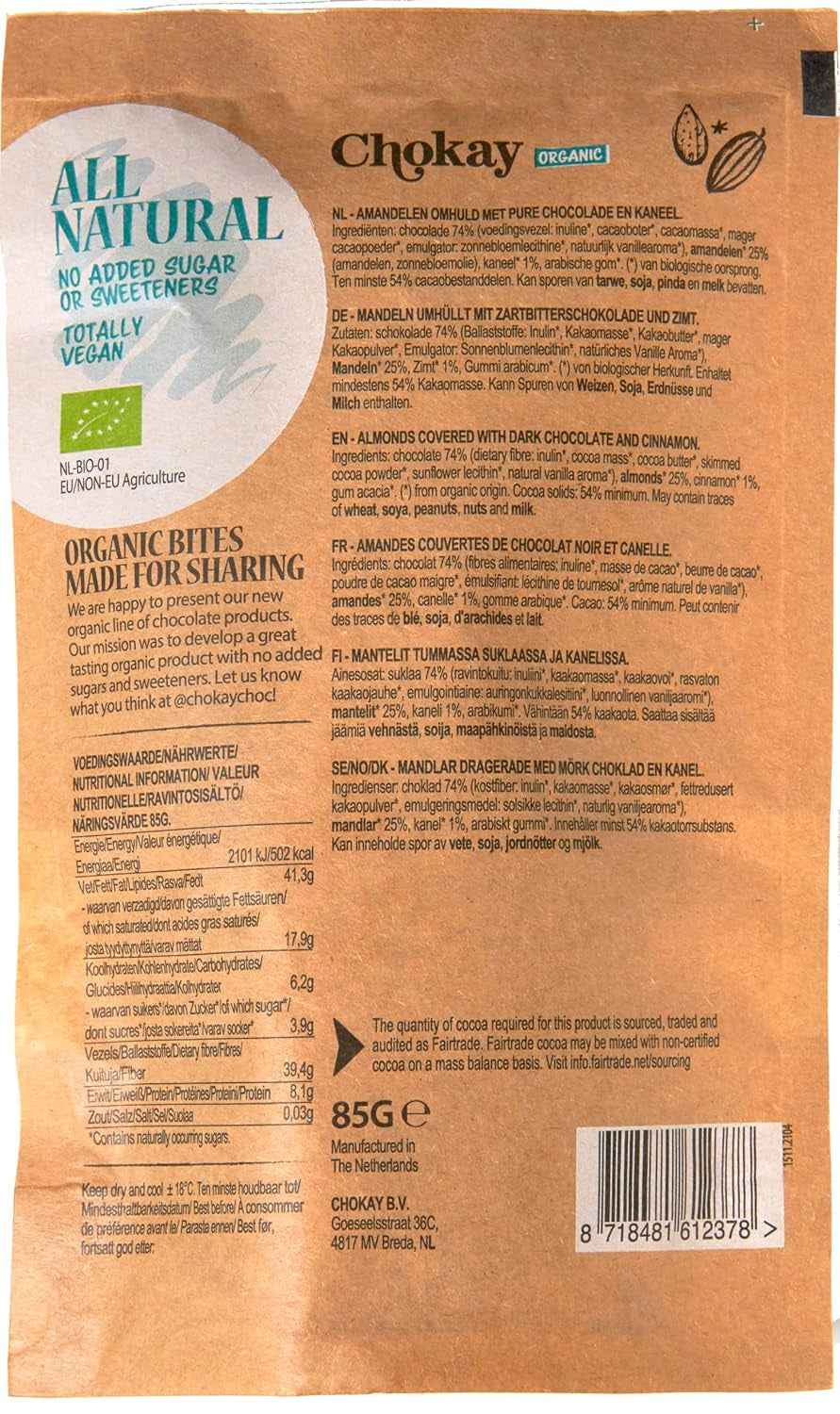 Organic Bites - Kanelmandel och mörk belgisk chokladmandel / Inget tillsatt socker, inga sötningsmedel / Vegan och Fair Trade / 1 x 85g