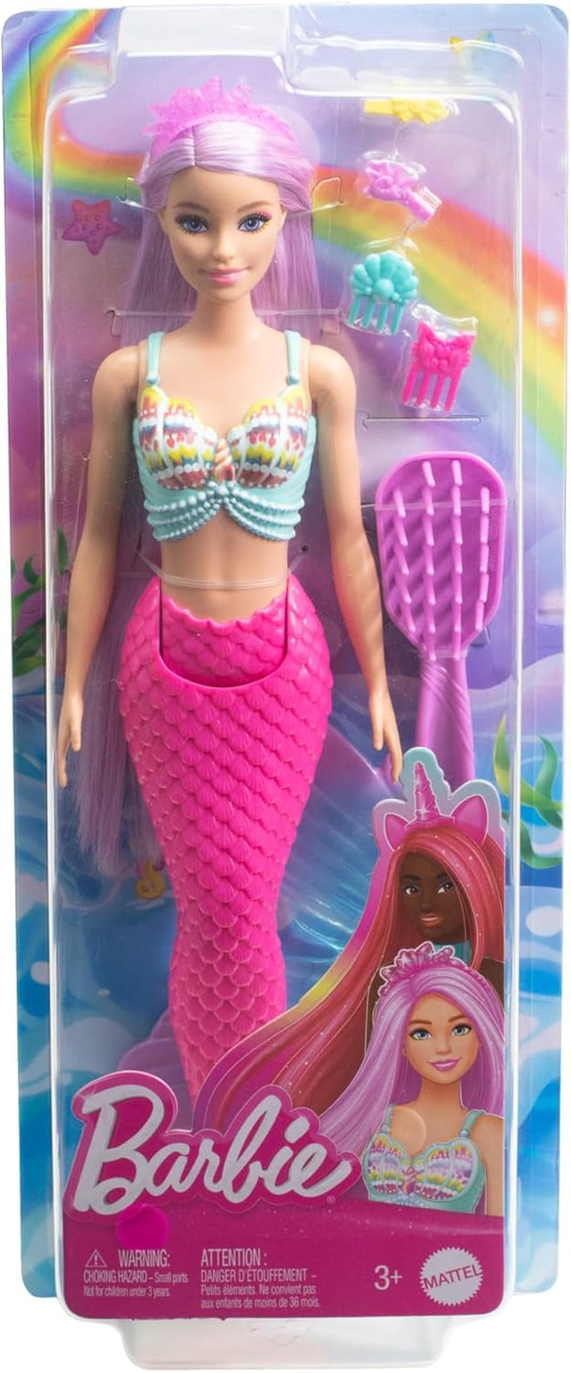 Barbie sjöjungfrudocka - med långt rosa hår och individuella stylingtillbehör, inklusive borste, vacker kammusslaspets och rosa stjärtfena, för åldrarna 3 och uppåt, HRR00