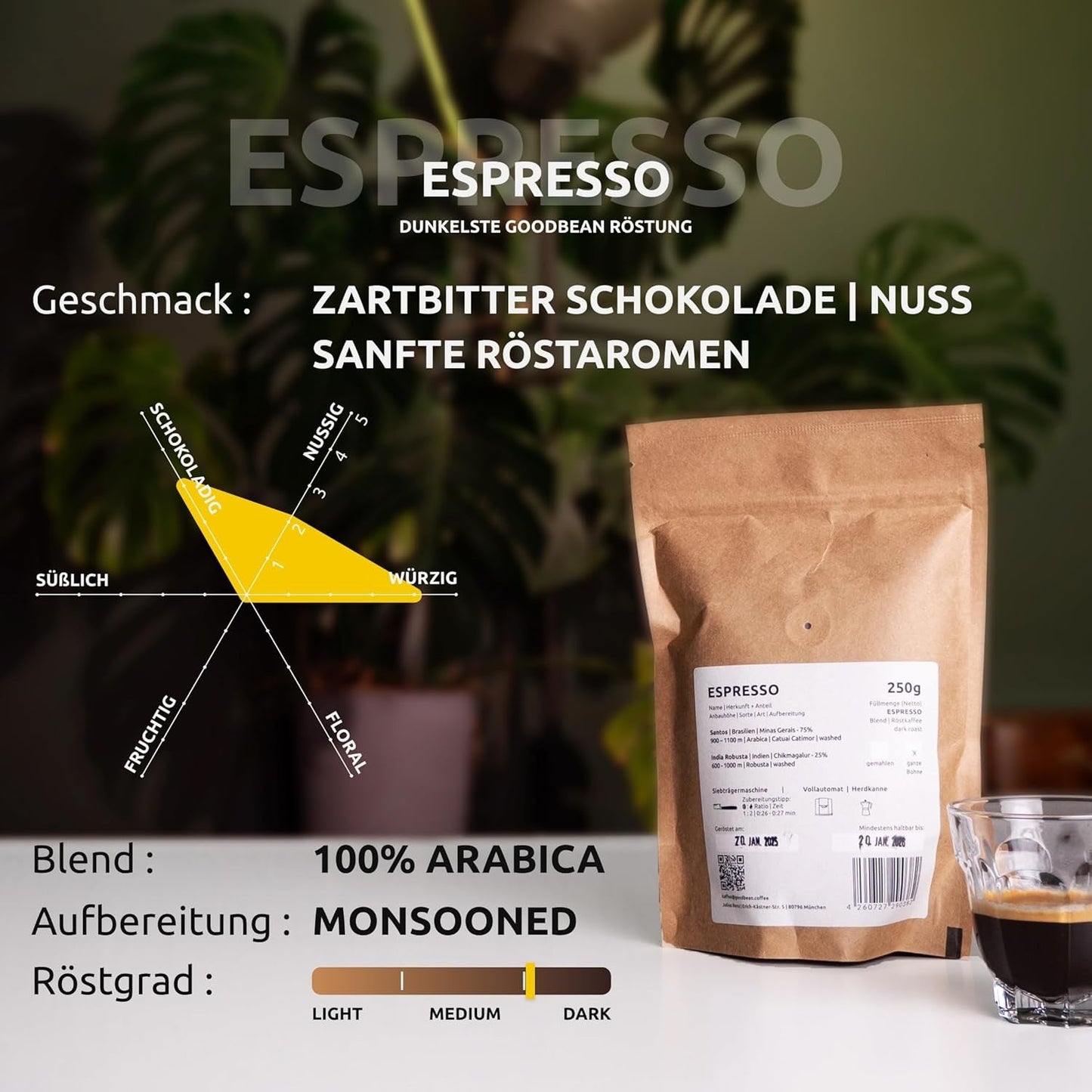 ESPRESSO | Kaffebönor 500g - 100% Arabica | Nyrostad för att göra espresso | Hela kaffebönor | Klassisk kaffesmak