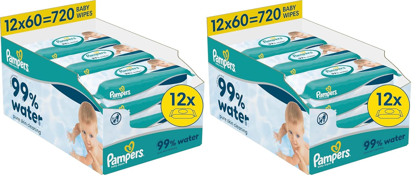 Pampers 99% vatten babyservetter, 12 förpackningar med 60 torkdukar vardera = 720 babyservetter, lätt lotion 99% vatten