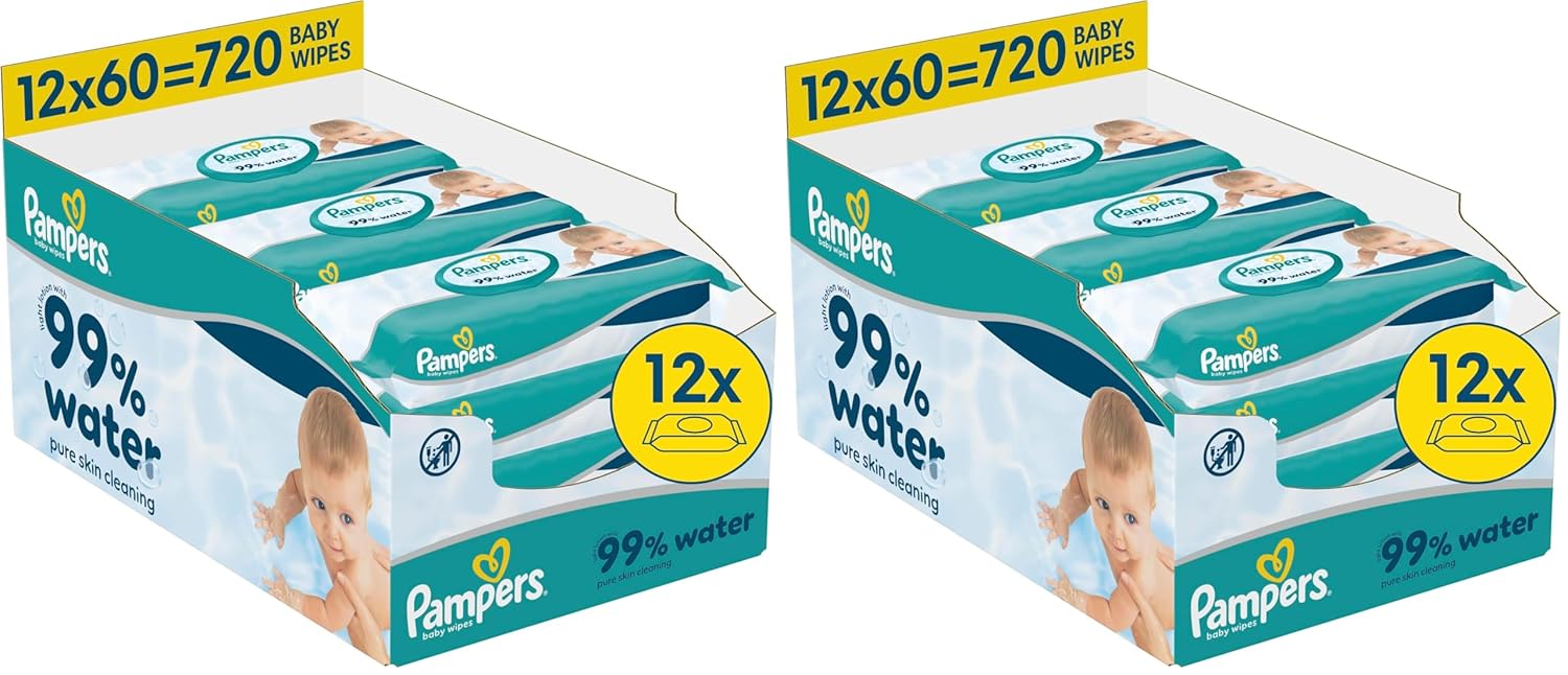 Pampers 99% vatten babyservetter, 12 förpackningar med 60 torkdukar vardera = 720 babyservetter, lätt lotion 99% vatten
