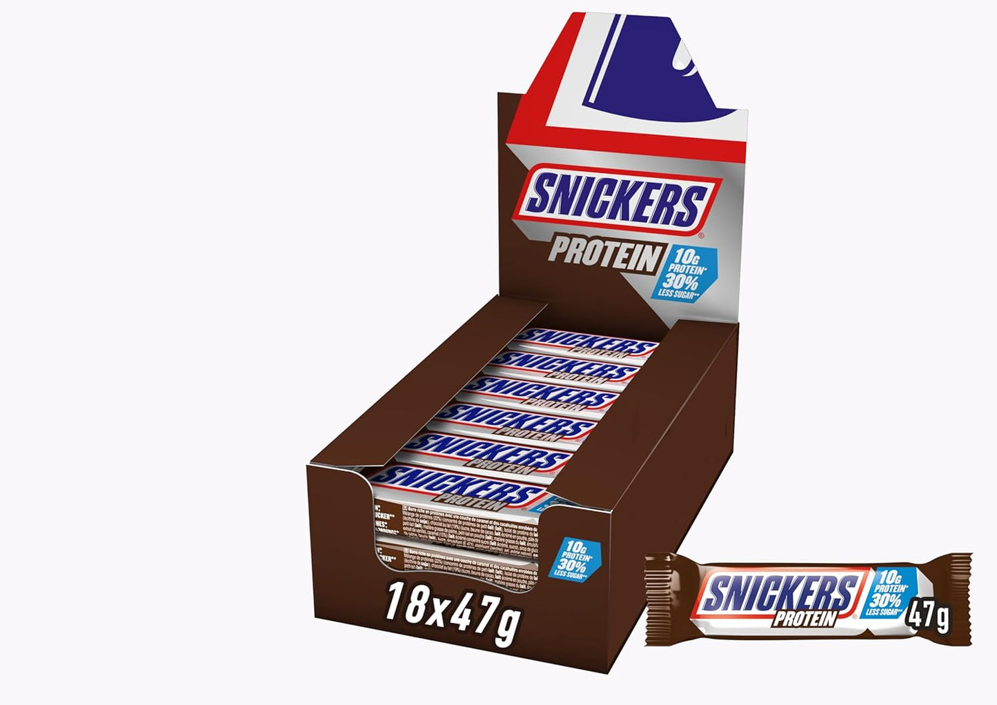 Snickers proteinbars med choklad - rik smak med hasselnötskaramell och nougat, bulkförpackning 18x47g
