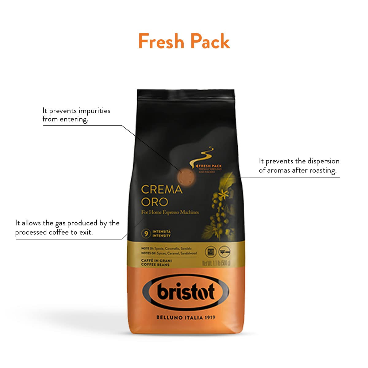 Bristot, Kaffeebohnen CREMA ORO – Totalt 1 kg – Mischung mit intensivem Aroma, süßem Geschmack, Gewürzen, Caramel, Sandelholznoten – Set med 2 pro 500 g