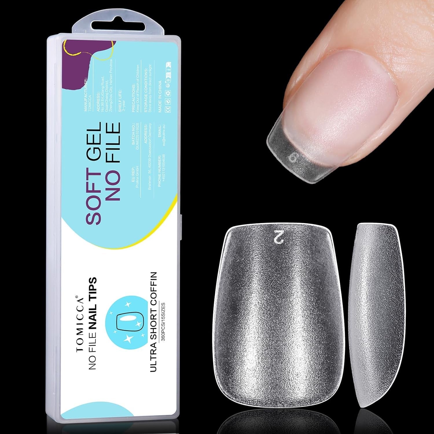 TOMICCA kistspetsar Ultra korta nagelspetsar - nagelspetsar, mjuka gelspetsar, full täckning, förformade matta konstgjorda nagelspetsar, gelnagelspetsar - 360 stycken, 15 storlekar