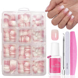 False Nails Set - 240 stycken Franska falska naglar limma på - Rosa Vit Gradient Design Konstgjorda naglar Heltäckande mjuk gel Naturlig och bekväm att bära (rosa mandel)