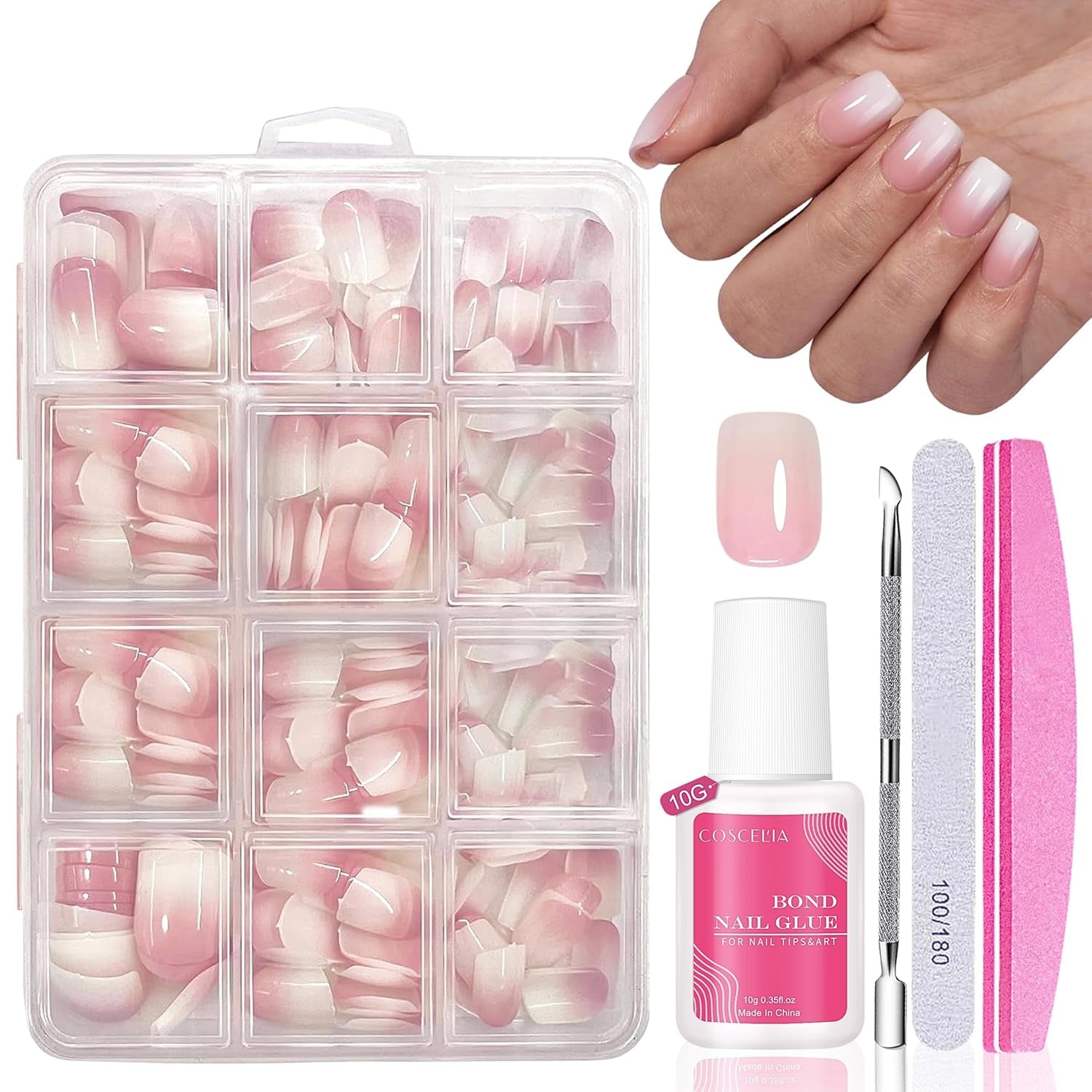 False Nails Set - 240 stycken Franska falska naglar limma på - Rosa Vit Gradient Design Konstgjorda naglar Heltäckande mjuk gel Naturlig och bekväm att bära (rosa mandel)