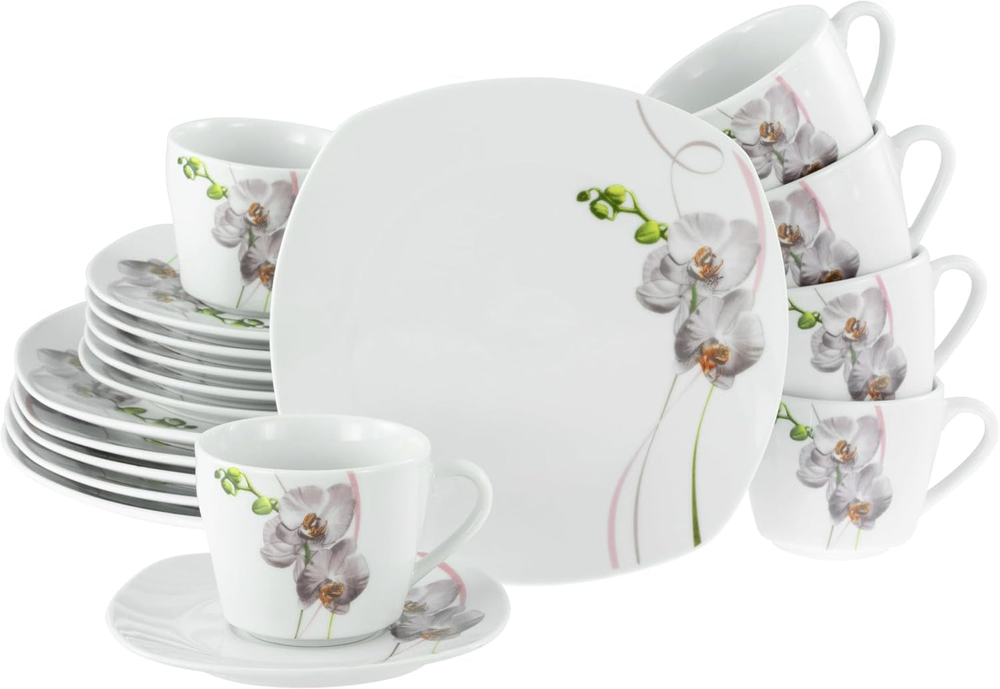 CreaTable, 24024, Square Orchid Series, 18-delat servisset för 6, porslinskaffe, diskmaskin och mikrovågssäker, kvalitetstillverkning