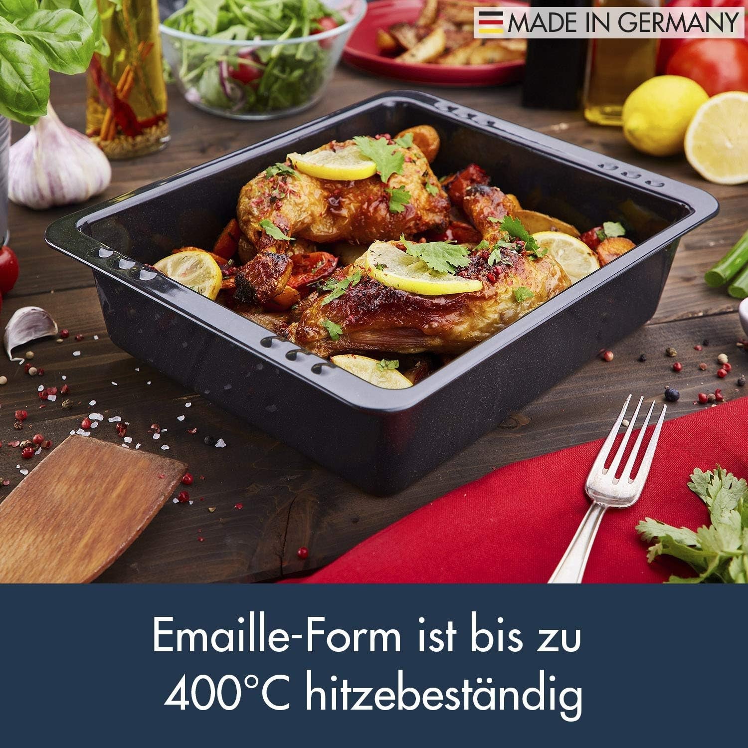 Chg SET 341-46-60 Extra Tiefe Ofenform (7,0 Cm) "Emaille" Mit Profi-Pfannenwender", Schwarz Gesprenkelt Formar och brickor för bakning Naty Shop