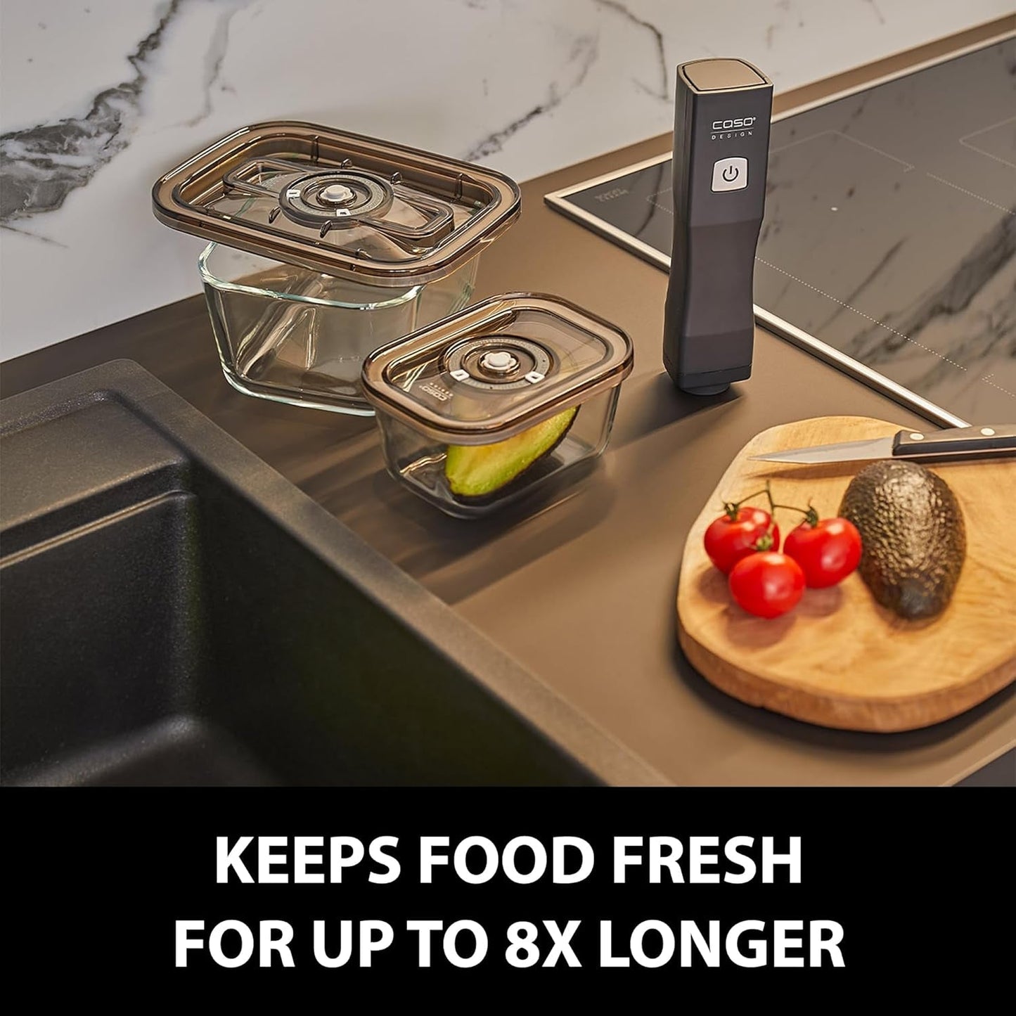 Caso Vacu OneTouch Eco-set, manuell vakuumförslutare, inklusive 3 vakuumbehållare i glas och VacuBoxx Eco-Duo S - vakuumfriskhetsbehållare / 2 behållare med 500 ml vardera Matförvaringslådor Naty Shop