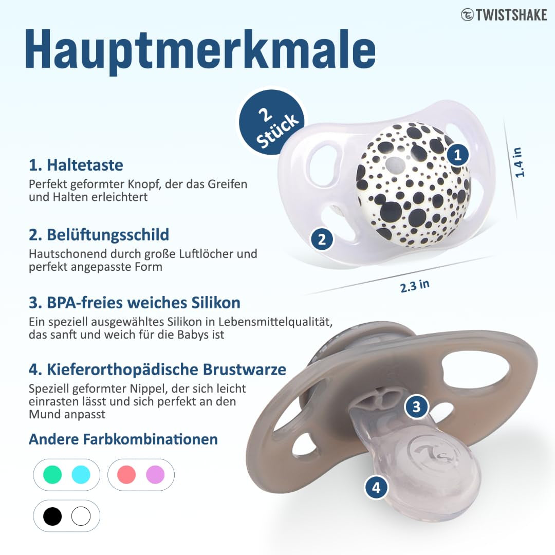 Twistshake babynappar – förpackning om 2 | Ortodontisk form | Ultralätt | Mjuk silikonnapp | BPA-fri | Lämplig för bebisar från 6 månader | Grå-vit